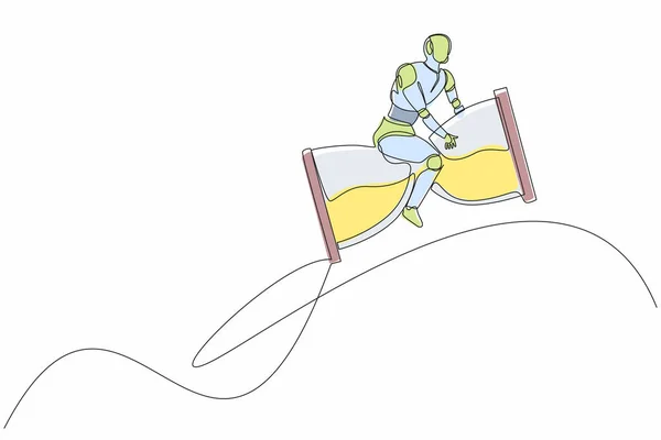 Kontinuerlig Linje Rita Robot Ridning Och Flyga Med Timglas Raketer — Stock vektor