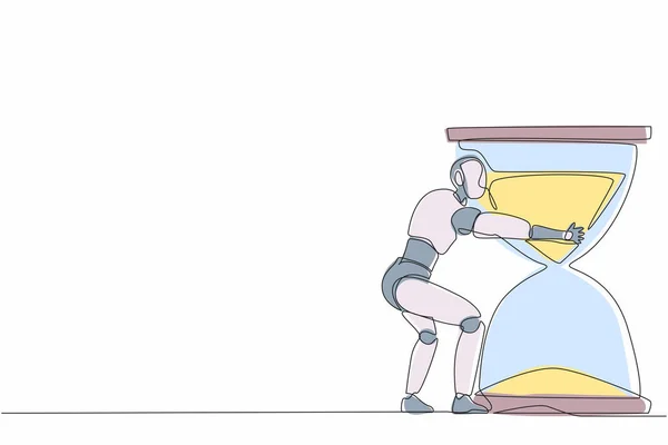 Una Sola Línea Continua Robots Dibujo Abrazando Enorme Reloj Arena — Vector de stock