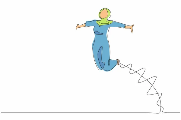 Una Línea Continua Dibujando Feliz Mujer Negocios Árabe Saltar Con — Archivo Imágenes Vectoriales