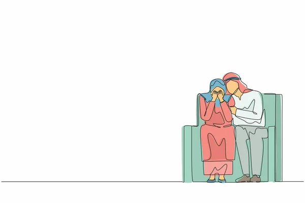 Single Continuous Line Drawing Caring Arab Man Sitting Sofa Hugging — Stock Vector
