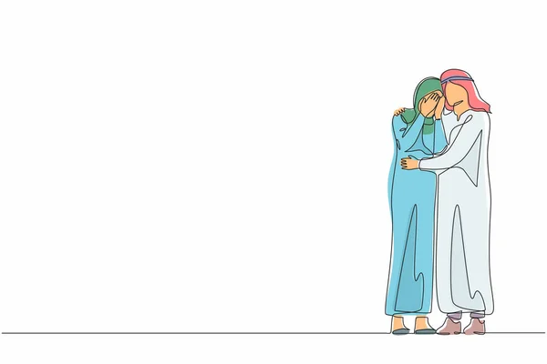 アラビア人男性を描く一本の線は 肩を持って問題を議論し 悲しい落ち込んでイライラ泣く女性を抱きしめる サポート ストレス うつ病 連続線設計図ベクトル — ストックベクタ