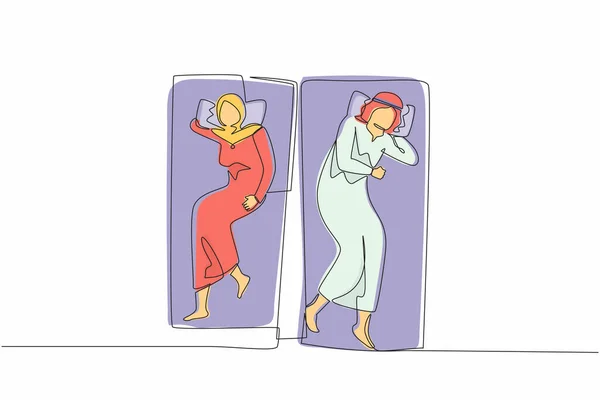 一本の線画アラブ人の男性と女性はベッドの上で寝ている 強迫観念 夫婦の性的問題 うつ病 不眠症 連続線画ベクトル図 — ストックベクタ
