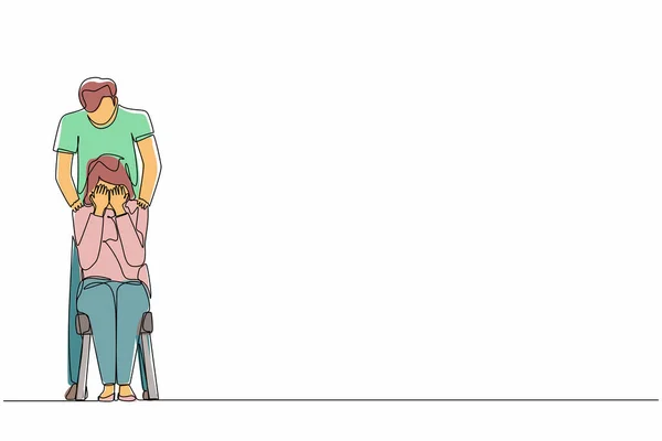 泣いている女性を慰め 彼女の肩に触れる男性を描く一本のライン うつ病や損失に対処しようとして苦しんでいる女性 連続線グラフィックデザインベクトル — ストックベクタ