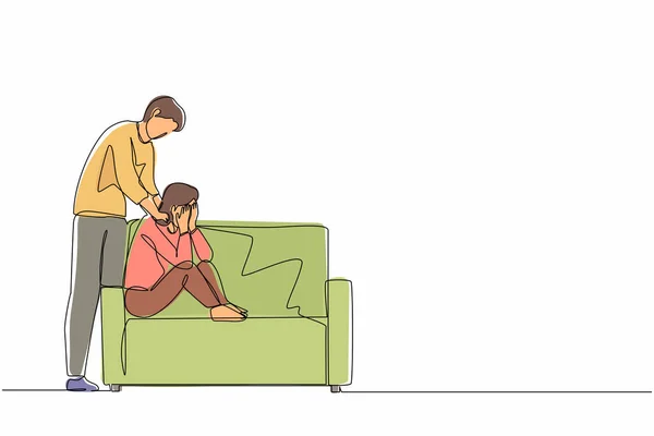 継続的な一本の線画の男は ストレスや不安を通過するのを助ける 肩に触れて 落ち込んで泣いている女性へのサポートと快適さを与える 共感だ 1本の線画ベクトル図 — ストックベクタ