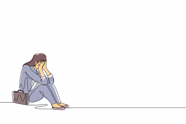 One Continuous Line Drawing Businesswoman Feeling Sad Depression Sitting Floor — стоковый вектор