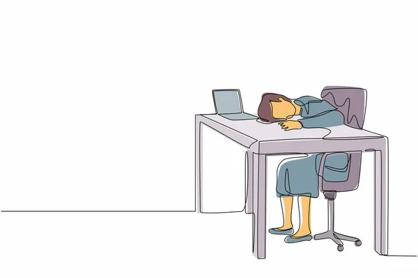 Однорядний Безперервний Малюнок Виснаженої Хворої Втомленої Жінки Менеджера Офісі Сумно — стоковий вектор