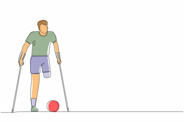 Una Sola Línea Continua Dibujando Hombre Discapacitado Con Muletas Jugando — Archivo Imágenes Vectoriales