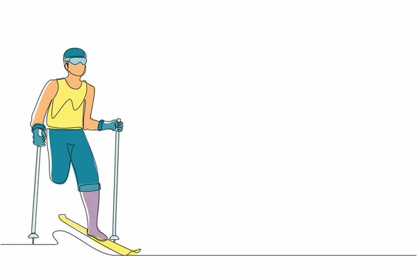 Una Sola Línea Dibujo Atleta Esquiador Masculino Sin Piernas Esquiando — Vector de stock