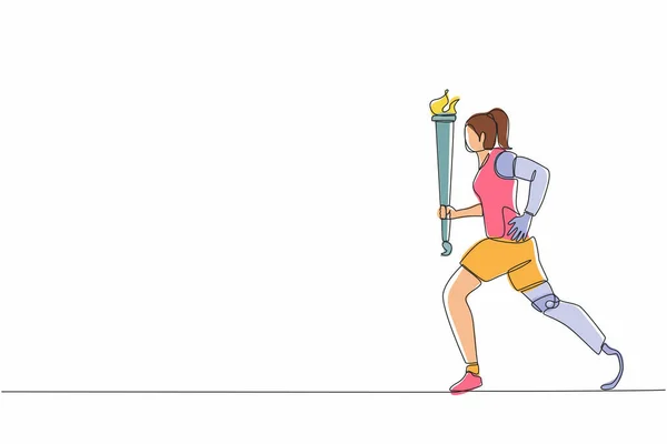 单行画年轻运动员与假腿手握火炬 残疾女运动员参加体育比赛开幕式 连续直线设计图形矢量 — 图库矢量图片