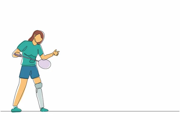 Jednoduchá Spojitá Kresba Ženského Atleta Hrajícího Badminton Žena Protetickou Nohou — Stockový vektor