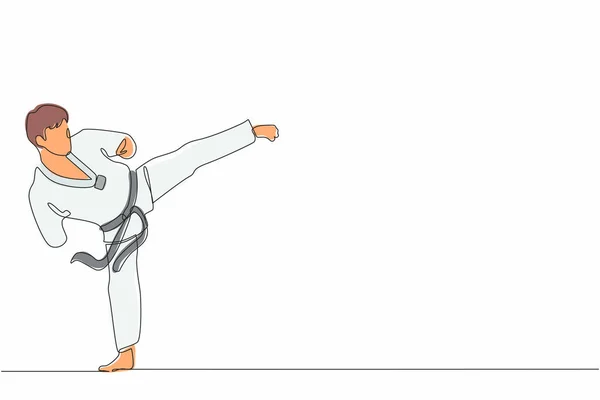 障害のある男性アスリートがテコンドーを練習するシングル連続線画 スポーツマンはスポーツ大会でポーズをとる ダイナミックワンライン描画グラフィックデザインベクトルイラスト — ストックベクタ