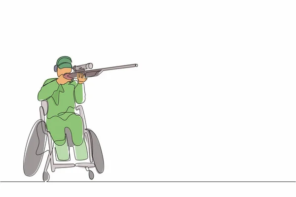 Один Сплошная Линия Рисования Спортсмен Инвалидных Колясках Стрельбы Спортивных Соревнований — стоковый вектор