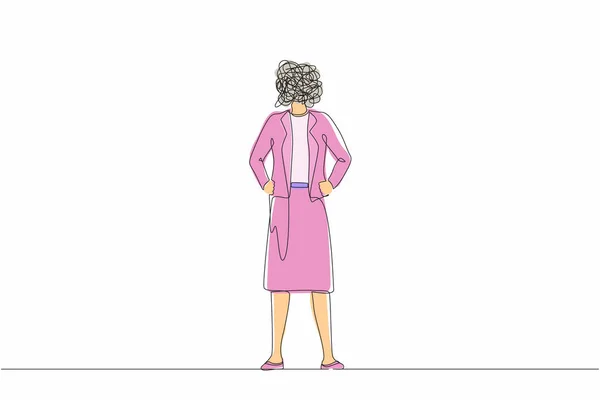 頭の代わりに丸いスクリブルを持つビジネスウーマンを描く一本の連続線 女性マネージャーが立って腰に手をつないでいます オフィスワーカーのポーズ グラフィックデザインベクトル図を描く1行 — ストックベクタ