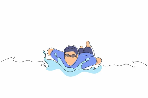 Jedna Čára Kreslí Mladé Zdravotně Postižené Osoby Plavat Muž Plavkách — Stockový vektor