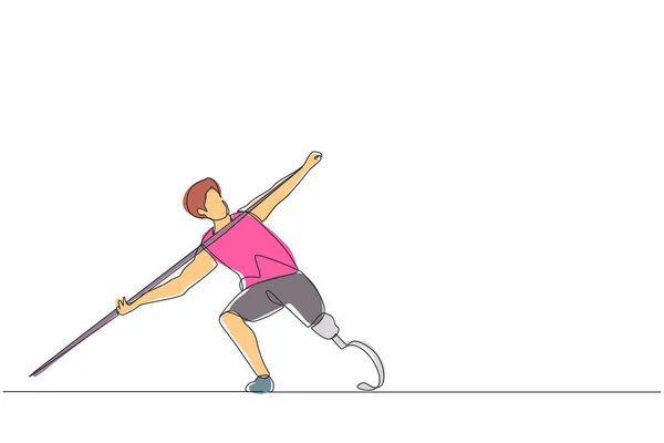 Einzeilige Zeichnung Eines Behinderten Athleten Der Speer Mit Beinprothese Wirft — Stockvektor