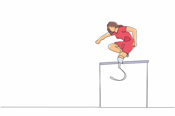 单行绘图截断年轻女运动员跳跃 跑过跨栏 跨栏比赛的残疾游戏 残疾人体育概念 连续线条绘图设计图形矢量插图 — 图库矢量图片