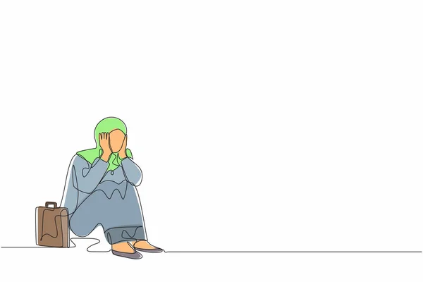 Une Ligne Continue Dessinant Femme Affaires Arabe Triste Couvrir Son — Image vectorielle