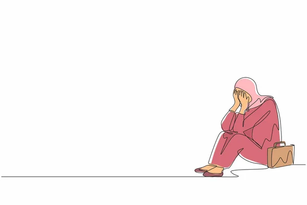 1本の連続線画アラブのビジネスマンの女性が悲しいとうつ病の床に座って感じて描画します オフィスの労働者は ストレス 悲しい青感じている 若者のためのうつ病 1行のグラフィックデザインベクトル — ストックベクタ