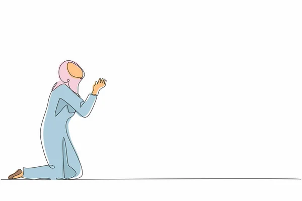 一本の線画アラブの実業家やマネージャーは彼女の膝の上にあり 助けを求めています ビジネスブレザーの祈りの女性 心理療法 連続線画設計図ベクトル — ストックベクタ