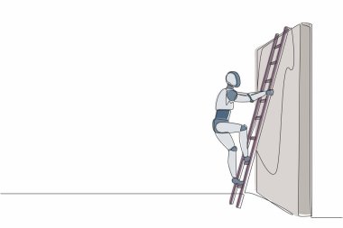 Tek sıra halinde robot merdivenle duvara tırmanıyor. İş engeli metaforu. Robot yapay zeka. Elektronik teknoloji. Bir çizgi grafik tasarım vektör çizimi
