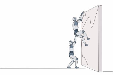 Tek sıra halinde robot çizerek başka bir robotun duvara tırmanmasına yardım ediyor. Modern robot yapay zeka teknolojisi. Elektronik teknoloji endüstrisi. Bir çizgi grafik tasarım vektör çizimi