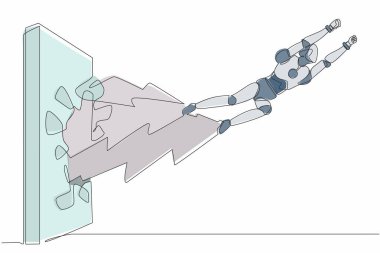 Devamlı bir çizgi, robot yumrukları çekiyor ve duvarı kırıyor. Uçan robot duvarı yıkıyor. İnsansı robot sibernetik organizma. Geleceğin robotu. Tek çizgi çizimi tasarım vektörü grafik çizimi