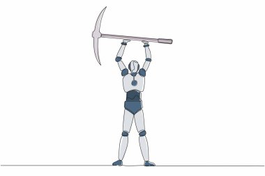 Tek sıra halinde duran ve kazmayı kaldıran bir robot. Geleceğin teknoloji gelişimi. Yapay zeka ve makine öğrenme süreci. Devamlı çizgi çizimi tasarım vektörü illüstrasyonu