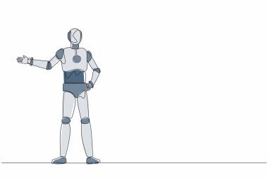 Bir şeyi gösteren ya da sunan bir robot çizimi. İnsansı robot sibernetik organizma. Gelecekteki robotik gelişim konsepti. Tek çizgi çizimi tasarım vektörü grafik çizimi