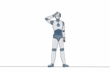 Sürekli bir çizgi çizerek robot 'L' sembolü çiziyor, alnında parmaklarıyla ezik işareti gösteriyor. İnsansı robot sibernetik organizma. Geleceğin robotu. Tek çizgi tasarım vektör grafik çizimi