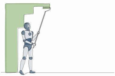Robot ressam, dekoratör ve tamirci çiziyor. Geleceğin teknoloji gelişimi. Yapay zeka ve makine öğrenimi. Devamlı çizgi çizimi tasarım vektörü illüstrasyonu