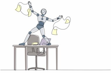 Tek bir satır mutlu robot dansı çizerek kutlama yaparak kağıtları fırlatarak kazandı. Geleceğin teknolojisi. Yapay zeka makinesi öğrenmesi. Devamlı çizgi çizimi tasarım vektörü illüstrasyonu