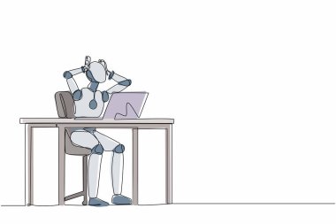 Tek sıra dizüstü bilgisayarın başında oturmuş hayal kırıklığına uğramış bir robot çiziyor. Geleceğin teknoloji gelişimi. Yapay zeka makinesi öğrenmesi. Devamlı çizgi tasarımı grafik vektör illüstrasyonu