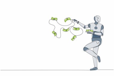 Devamlı bir çizgi çizen robot havadaki para destelerini fırlatıyor. İnsansı robot sibernetik organizma. Geleceğin robotik gelişimi. Tek çizgi çizimi tasarım vektör çizimi