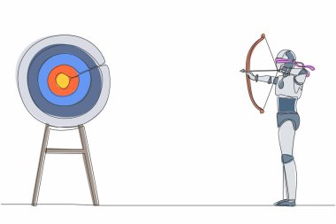 Gözü bağlı robotun ok tutarak hedef aradığı bir çizgi devam ediyor. İnsansı robot sibernetik organizma. Geleceğin robotik gelişimi. Tek çizgi çizimi tasarım vektörü grafik çizimi