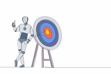 Devamlı bir çizgi çizerek robot ayakta duruyor ve baş parmaklarıyla hedefe yaslanıyor. İnsansı robot sibernetik organizma. Geleceğin robotik gelişimi. Tek çizgi çizimi tasarım vektör çizimi