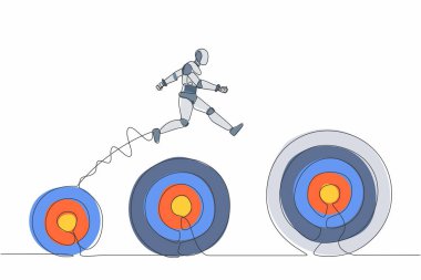 Tek sıra halinde robotlar daha yüksek hedeflere atlıyor. Bir sonraki hedef iş. Geleceğin teknolojisi. Yapay zeka makinesi öğrenmesi. Devamlı çizgi tasarımı vektör çizimi