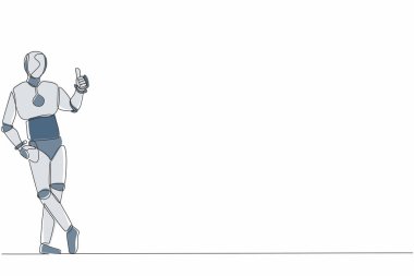 Tek bir çizgi robot ayakta duruyor ya da baş parmaklarıyla eğik duruyor. Geleceğin teknoloji gelişimi. Yapay zeka ve makine öğrenimi. Devamlı çizgi çizimi tasarım vektörü illüstrasyonu