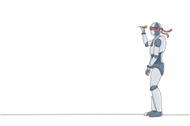 Tek sıra halinde, gözleri bağlı ok atan robotu çiziyor. Hedef belirsiz, kör iş görüşü. Robot yapay zeka. Elektronik teknoloji. Bir çizgi çizimi tasarım vektörü illüstrasyonu