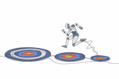 Devamlı bir çizgi, robotun daha büyük bir hedefe atlamasını sağlıyor, başarılı bir şekilde. Kariyerinde ilerlemek. İnsansı robot sibernetik organizma. Geleceğin robotik gelişimi. Tek çizgi tasarım vektör çizimi