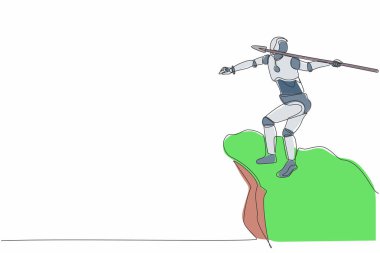 Devamlı bir çizgi, robotu uçurumun tepesinde durup büyük okla dart tahtasını hedef alıyor. İnsansı robot sibernetik organizma. Geleceğin robotik gelişimi. Tek çizgi tasarım vektör çizimi
