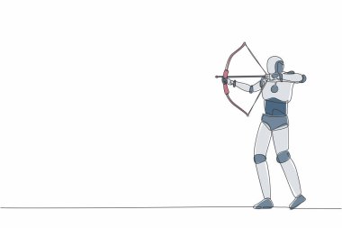 Tek bir çizgi, gözünü bağlayarak hedefi vurmaya çalışan bir robot çiziyor. Modern robot yapay zekası. Elektronik teknoloji endüstrisi. Bir çizgi çizimi grafik tasarım vektör çizimi