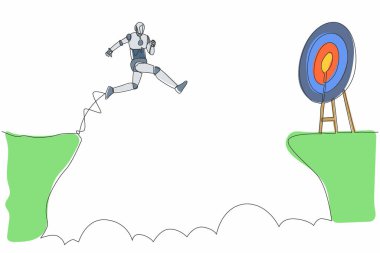 Tek sıra halinde robot uçurumdan atlayıp hedefe gidiyor. Robot yapay zeka. Elektronik teknoloji endüstrisi. Dinamik bir çizgi çizer grafik tasarım vektörü çizer