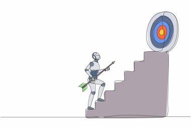 Tek sıra halinde, yüksek hedefe giden merdivenlerden çıkan robot okunu çekiyor. Robot yapay zeka. Elektronik teknoloji endüstrisi. Bir çizgi çizimi grafik tasarım vektör çizimi