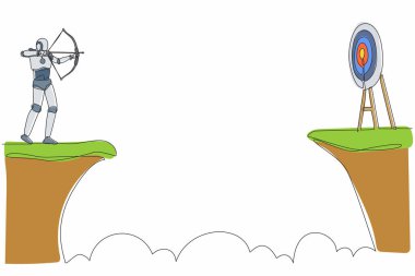 Elinde okçuyla uçurumun kenarına robot çizen tek bir çizgi. İş hedefi. Geleceğin teknolojisi. Yapay zeka ve makine öğrenimi. Devamlı çizgi çizimi tasarım vektörü illüstrasyonu