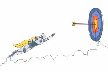 Tek sıra halinde pelerinli robotlar hedefe doğru uçuyor. İş başarısı, liderlik. Geleceğin teknolojisi. Yapay zeka makinesi öğrenmesi. Devamlı çizgi çizimi tasarım vektörü illüstrasyonu