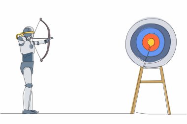 Gözü bağlı robotun ok tutarak hedef aradığı bir çizgi devam ediyor. İnsansı robot sibernetik organizma. Geleceğin robotik gelişimi. Tek çizgi çizimi tasarım vektörü grafik çizimi