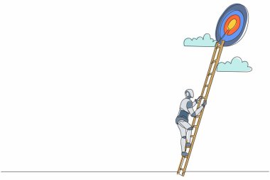 Tek sıra halinde robot hedefin tepesine çıkıyor. Hedefe ulaşılıyor. Merdiven gökyüzü. Geleceğin teknolojisi. Yapay zeka ve makine öğrenimi. Devamlı çizgi tasarımı vektör çizimi