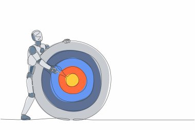 Tek çizgi, robotun okçu hedefini ya da dart tahtasını göstermesi ve hedefi göstermesi. Geleceğin teknolojisi. Yapay zeka ve makine öğrenimi. Devamlı çizgi tasarımı vektör çizimi