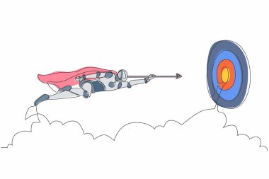 Başarıya ulaşmak için sürekli bir çizgi halinde ok atan süper kahraman robotlar çiziyor. İnsansı robot sibernetik organizma. Gelecekteki robotik gelişim konsepti. Tek çizgi çizme tasarım vektörü