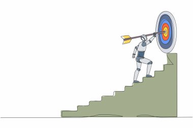 Oklu robotu sürekli çizen tek çizgi hedefine doğru koşuyor. Merdivenlerden, başarı basamaklarından. Robot yapay zeka. Elektronik teknoloji. Bir çizgi çizme tasarım vektörü